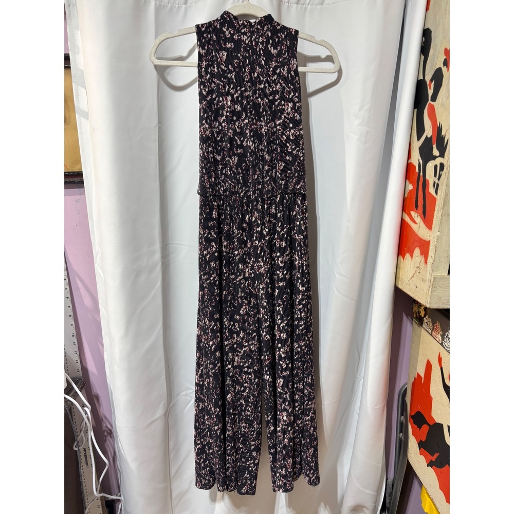 Xhilaration Jumpsuit Women XS Black Floral Plisse Pleated Halter Neck Wide Leg